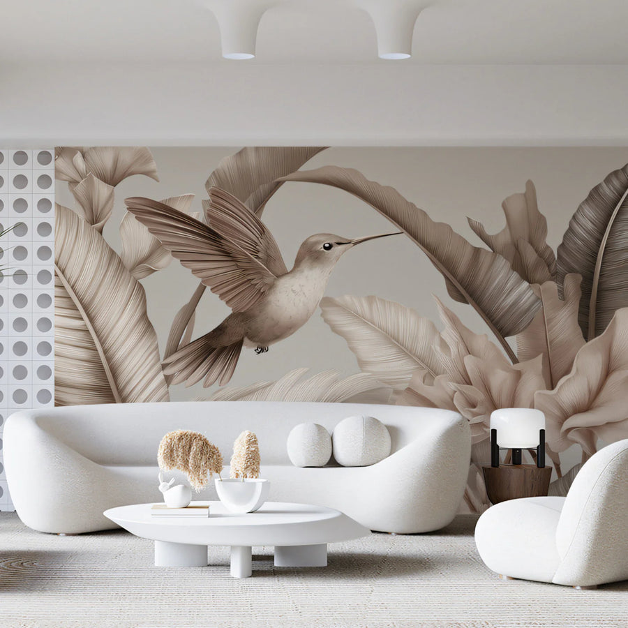 Palm Leaf Wallpaper Mural – Tropical Wall Mural – Hummingbird and Palm Leaf — Sepia Botanical Art