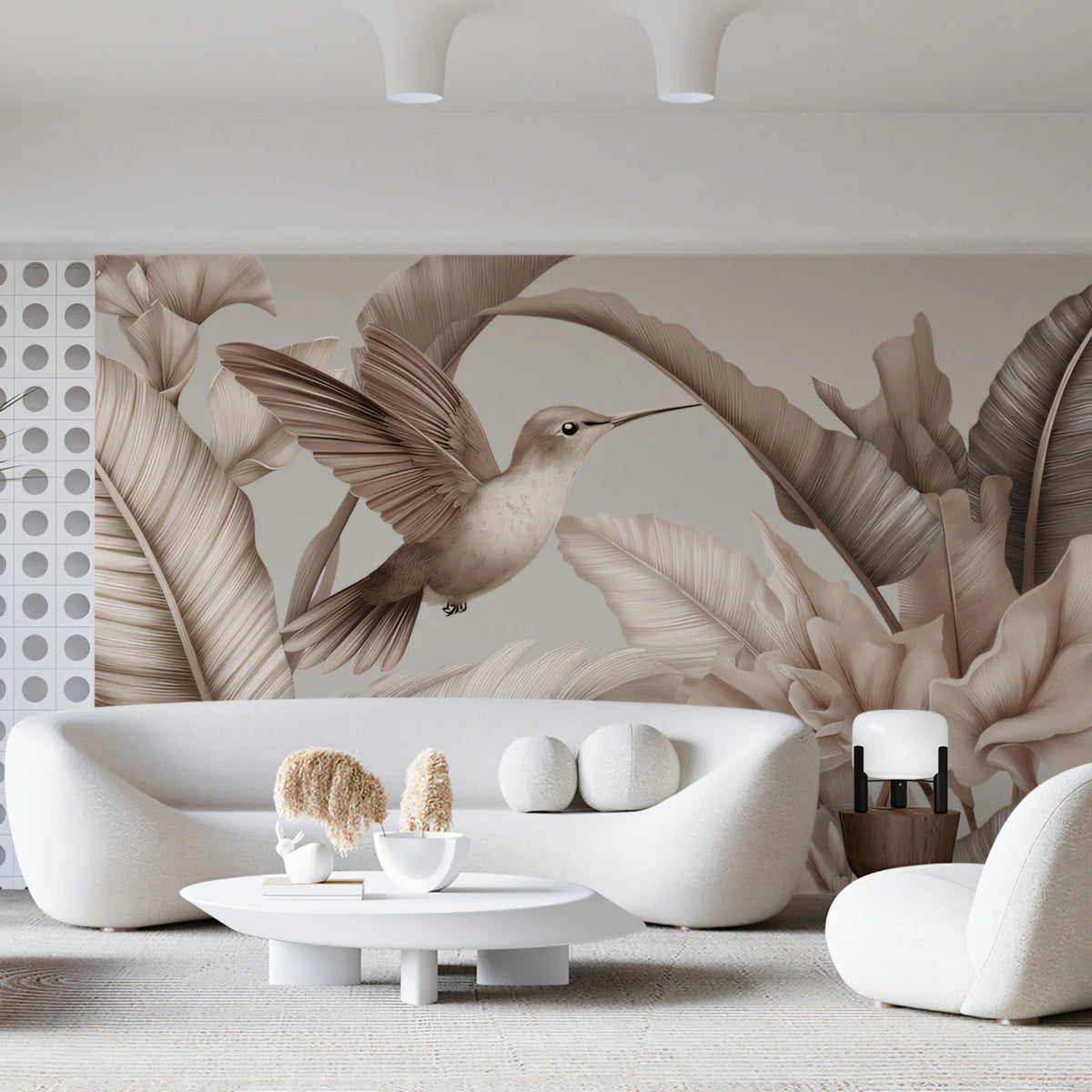 Hummingbird and Palm Leaf Mural Wallpaper — Sepia Botanical Art Mural Wallpaper - room preview 02