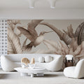 Hummingbird and Palm Leaf Mural Wallpaper — Sepia Botanical Art Mural Wallpaper - room preview 02