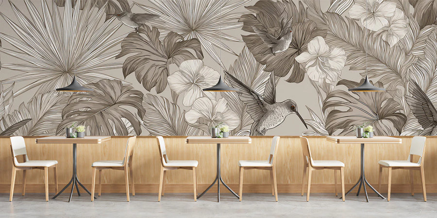 Tropical Wallpaper Mural – Jungle Wall Mural – Vintage Tropical Hummingbird — Sepia Line Art