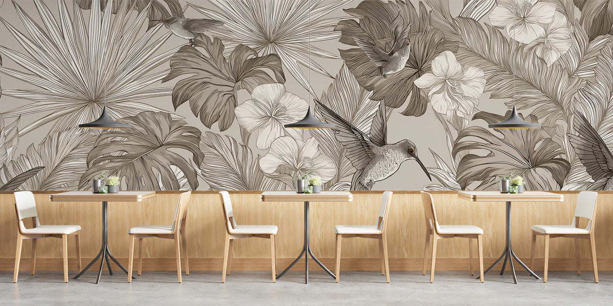 Vintage Tropical Hummingbird Mural Wallpaper — Sepia Line Art Mural Wallpaper - room preview 02
