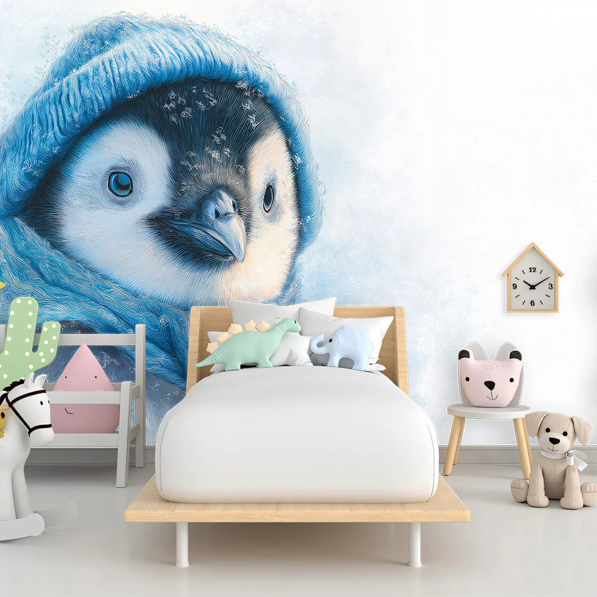 Baby Penguin Portrait Mural Wallpaper in Soft Blue Knit Mural Wallpaper - room preview 02