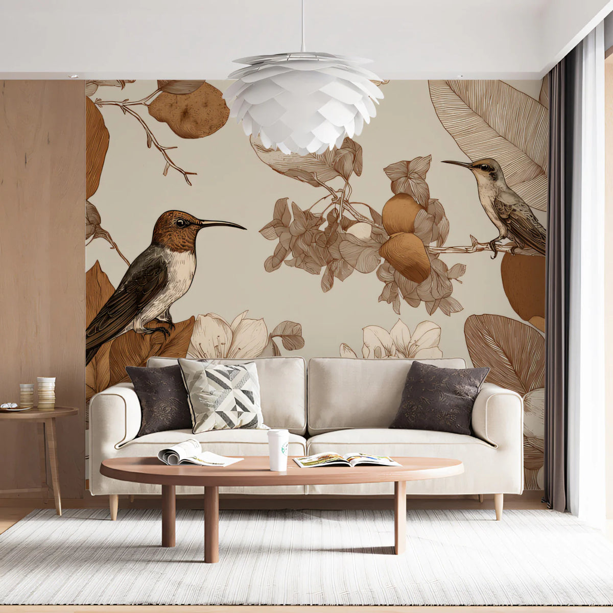 Vintage Hummingbird Mural Wallpaper — Botanical Line Art Mural Wallpaper - room preview 02