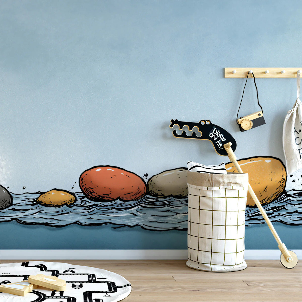 Coastal Pebble Sketch Mural Wallpaper — Hand-Drawn Beach Art Mural Wallpaper - room preview 02