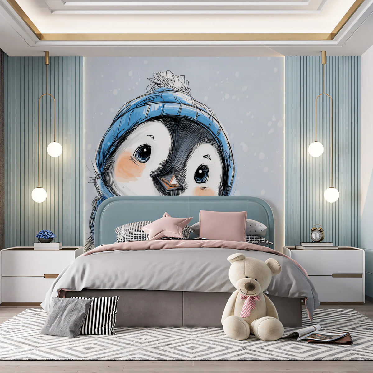 Winter Penguin Sketch Mural Wallpaper — Whimsical Illustration Mural Wallpaper - room preview 02