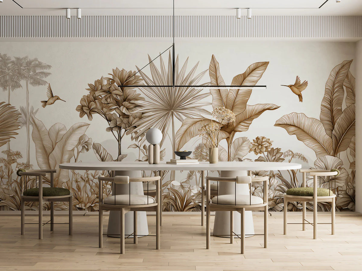 Sepia Tropical Palm Mural Wallpaper — Detailed Botanical Sketch Mural Wallpaper - room preview 02
