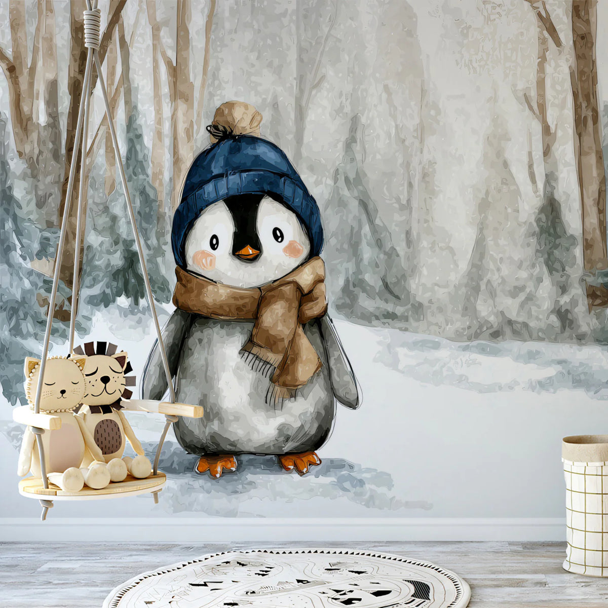 Winter Penguin in Snowy Forest Mural Wallpaper — Whimsical Decor Mural Wallpaper - room preview 02