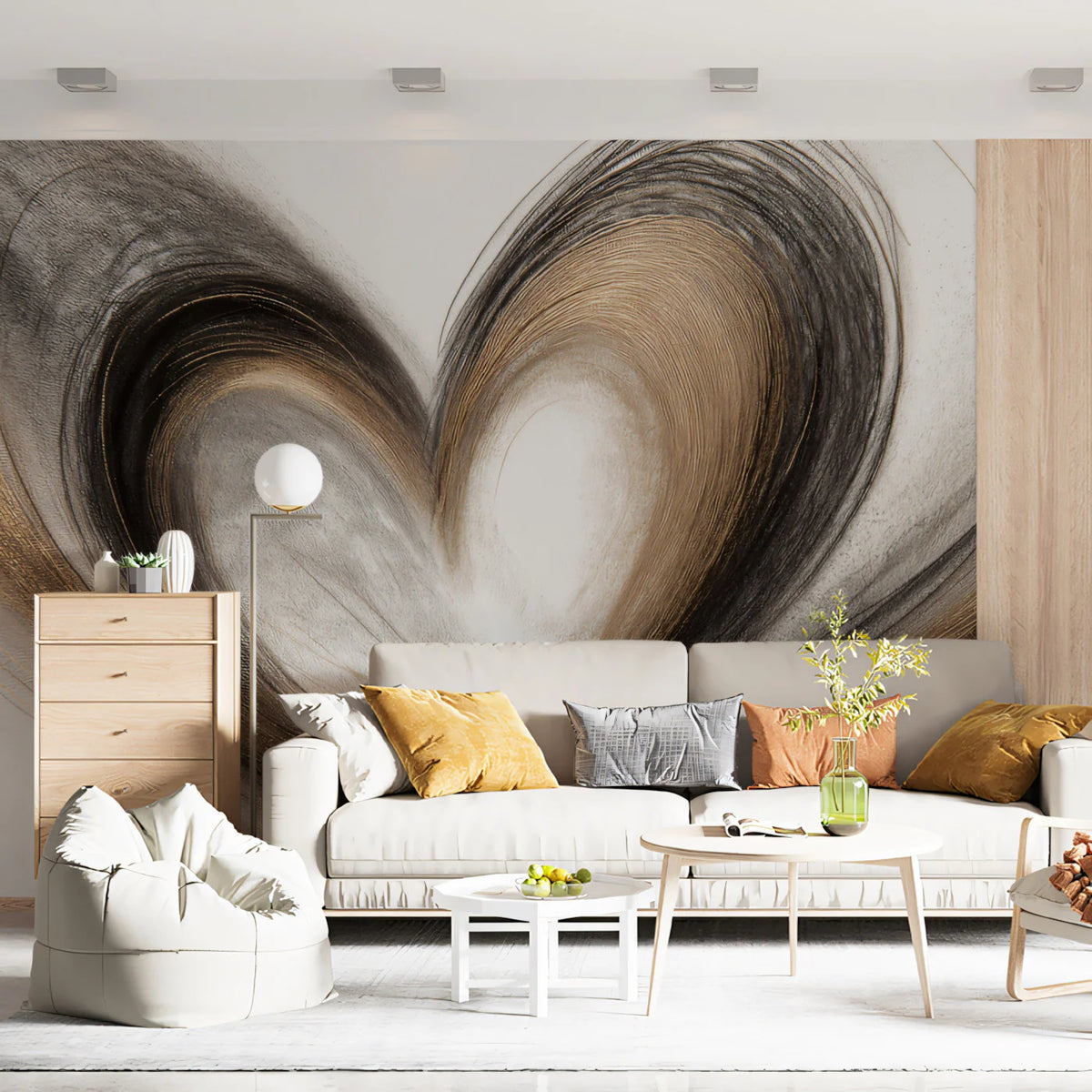 Abstract Heart Sketch Mural Wallpaper — Artistic Gold and Charcoal Mural Wallpaper - room preview 02