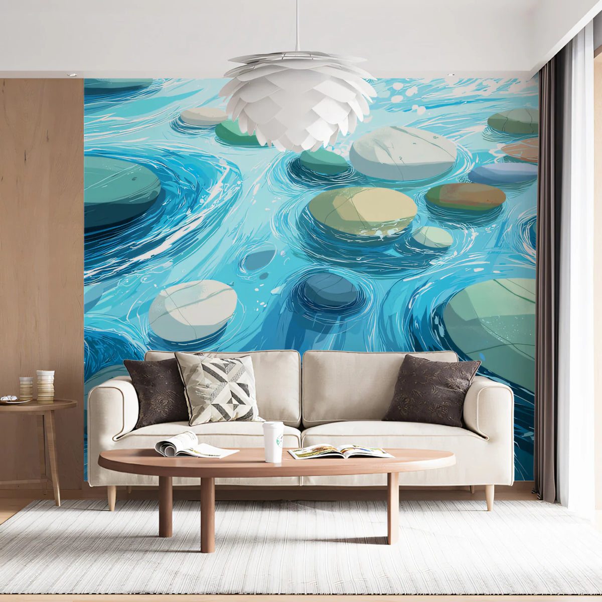 Stylized River Stones Mural Wallpaper — Calming Water Illustration Mural Wallpaper - room preview 02
