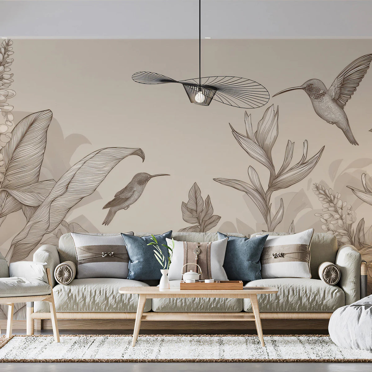 Hummingbird Botanical Line Art Mural Wallpaper — Soft Beige Mural Wallpaper - room preview 02