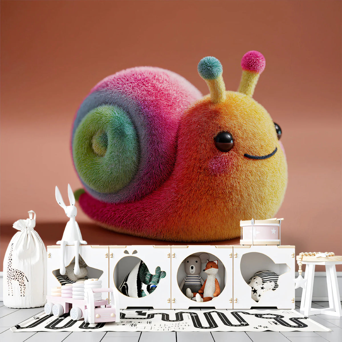 Fuzzy Rainbow Snail Mural Wallpaper — Whimsical Character Art Mural Wallpaper - room preview 02