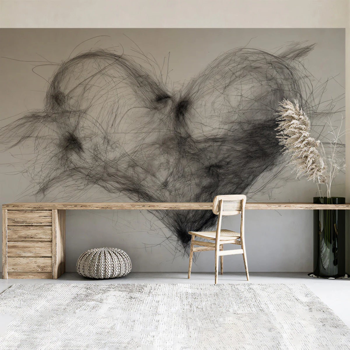 Scribbled Heart Sketch Mural Wallpaper — Minimalist Line Art Mural Wallpaper - room preview 02