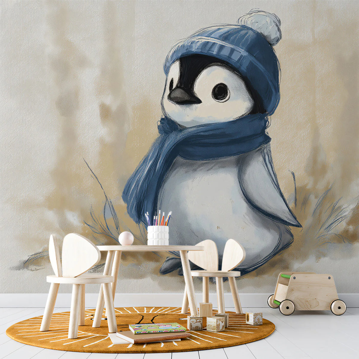 Baby Penguin Watercolor Mural Wallpaper — Soft Earthy Illustration Mural Wallpaper - room preview 02