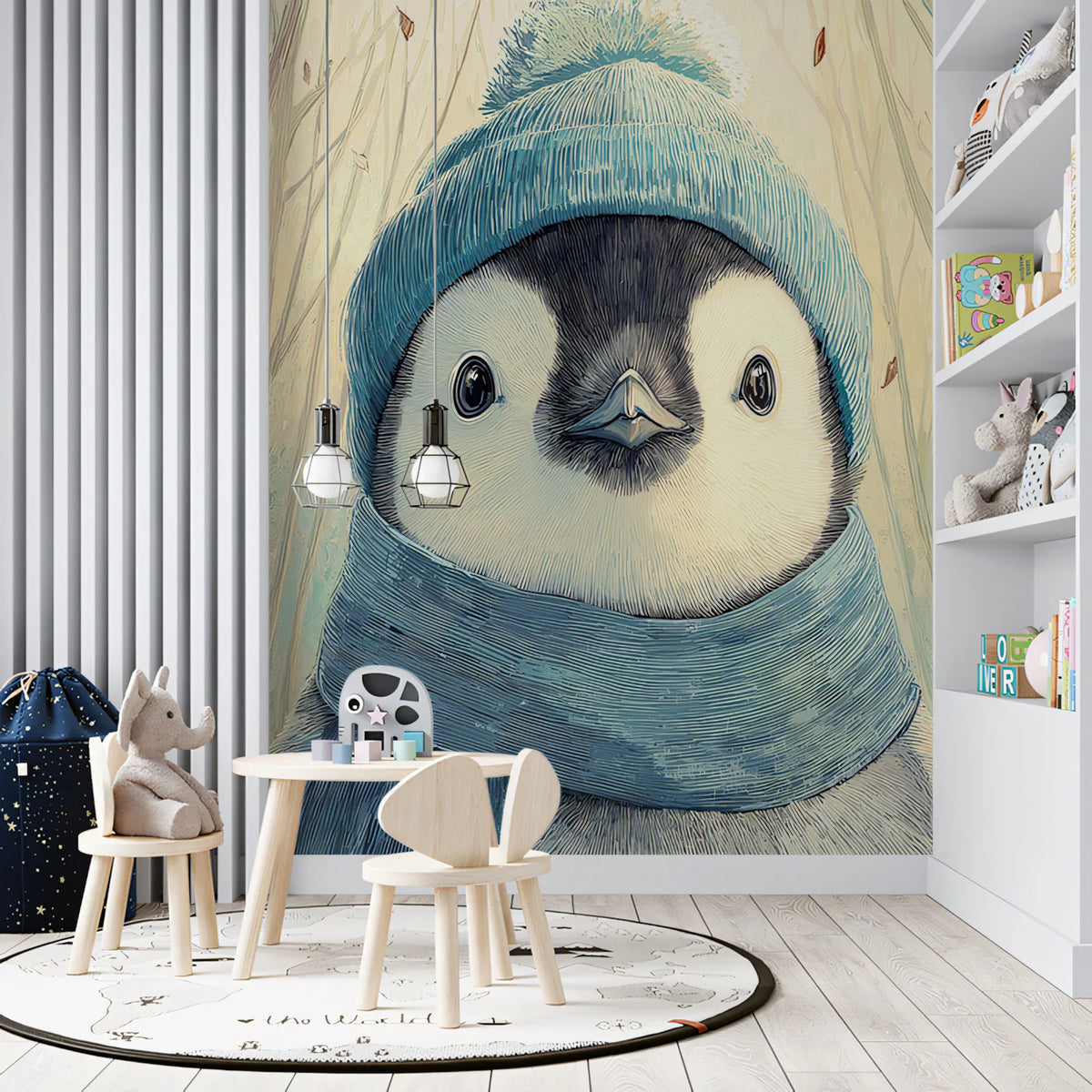 Winter Penguin Portrait Mural Wallpaper —Soft Pastel Forest Mural Wallpaper - room preview 02