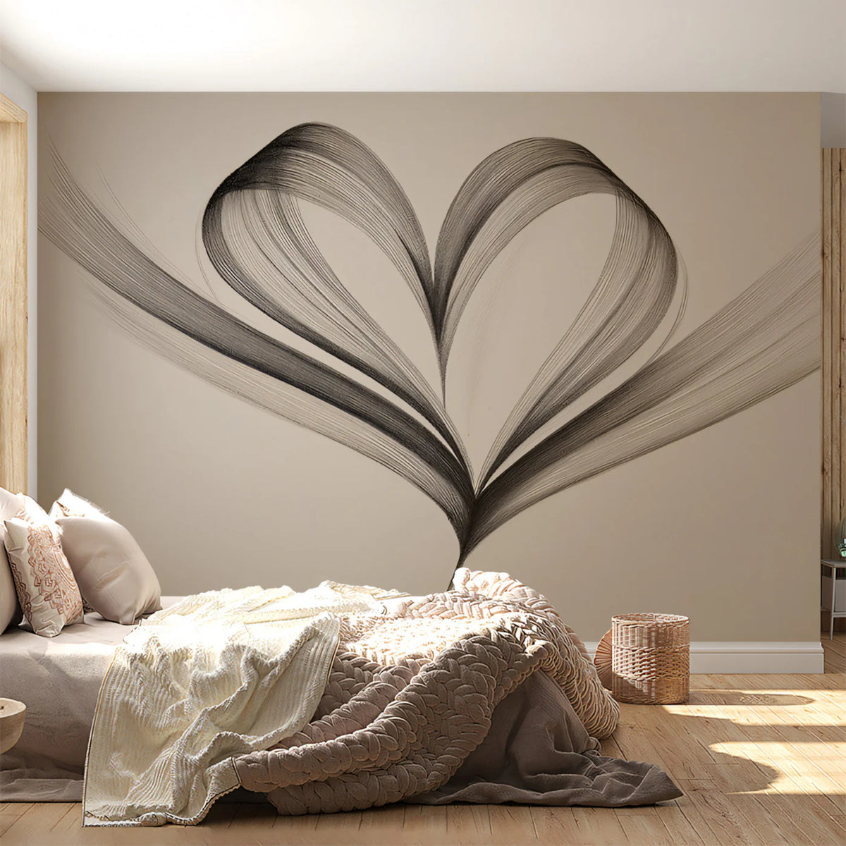 Floating Ribbon Heart Mural Wallpaper — Minimalist Sketch Art Mural Wallpaper - room preview 02