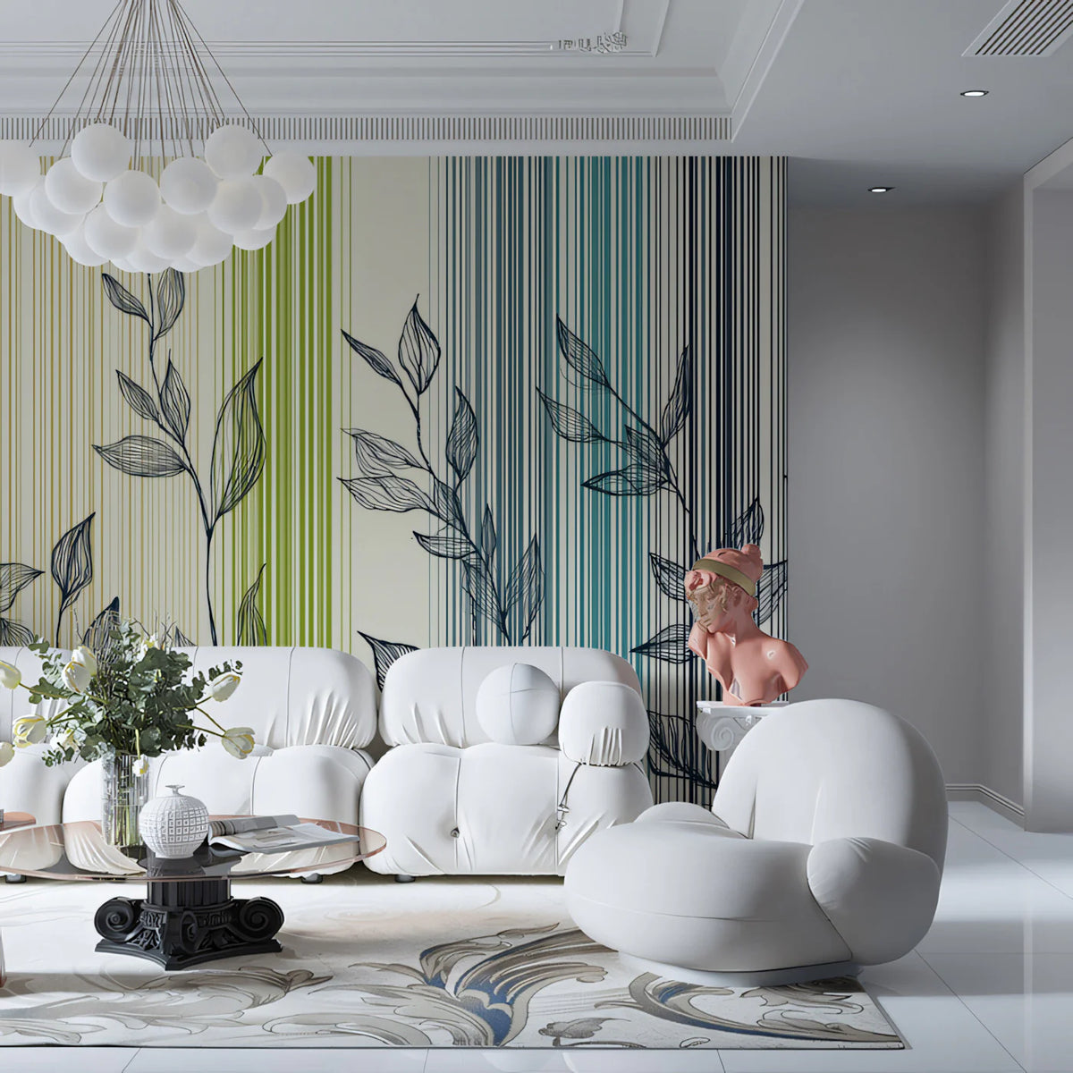 Linear Botanical Stripe Mural Wallpaper — Modern Nature Art Mural Wallpaper - room preview 02