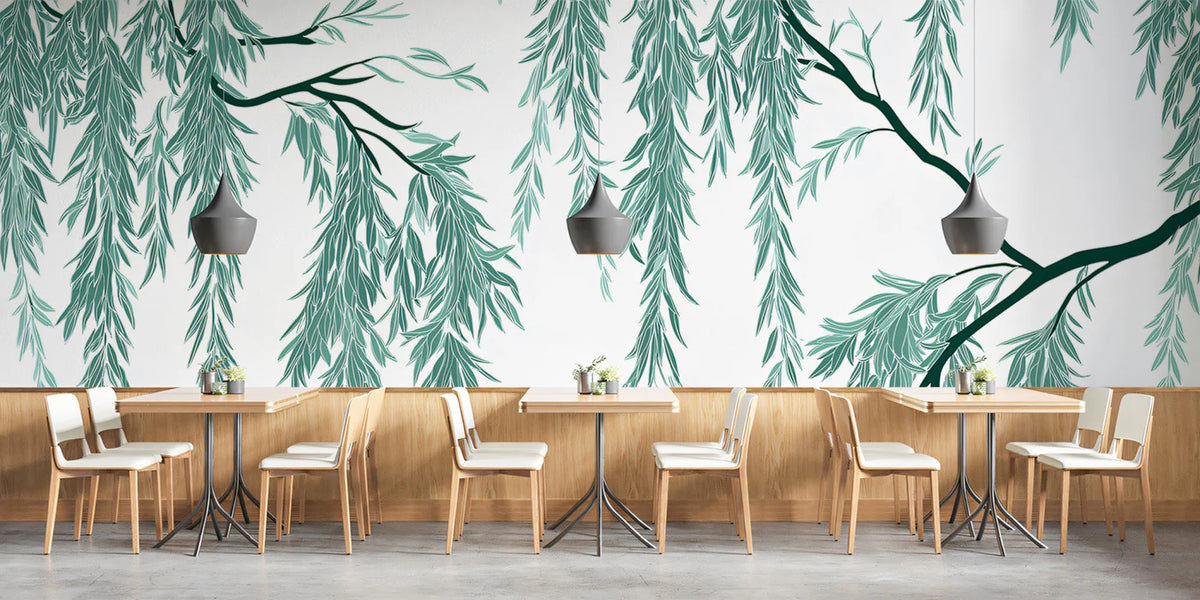 Cascading Willow Branch Mural Wallpaper — Minimalist Botanical Art Mural Wallpaper - room preview 02