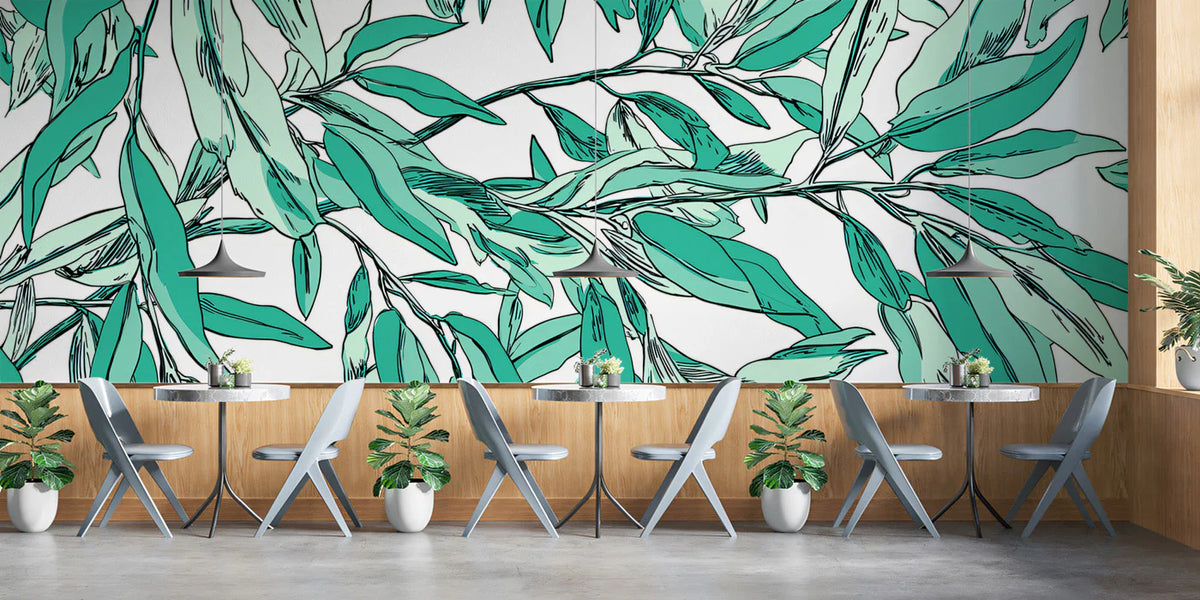 Teal Willow Branch Mural Wallpaper — Artistic Botanical Illustration Mural Wallpaper - room preview 02