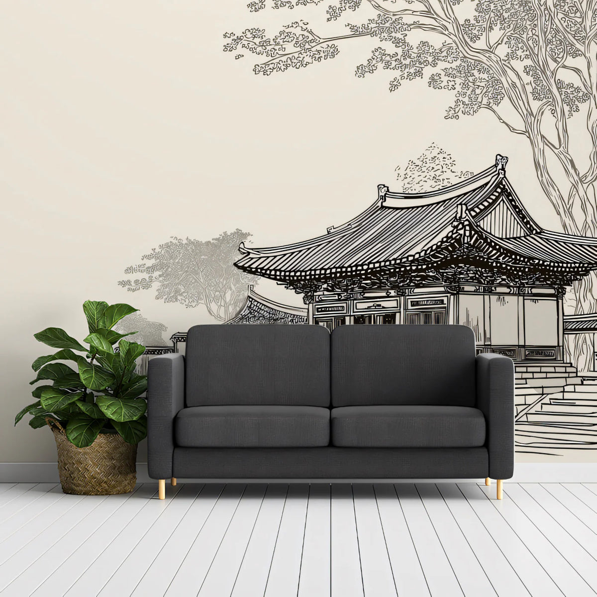 East Asian Pavilion Mural Wallpaper — Zen Line Art Illustration Mural Wallpaper - room preview 02
