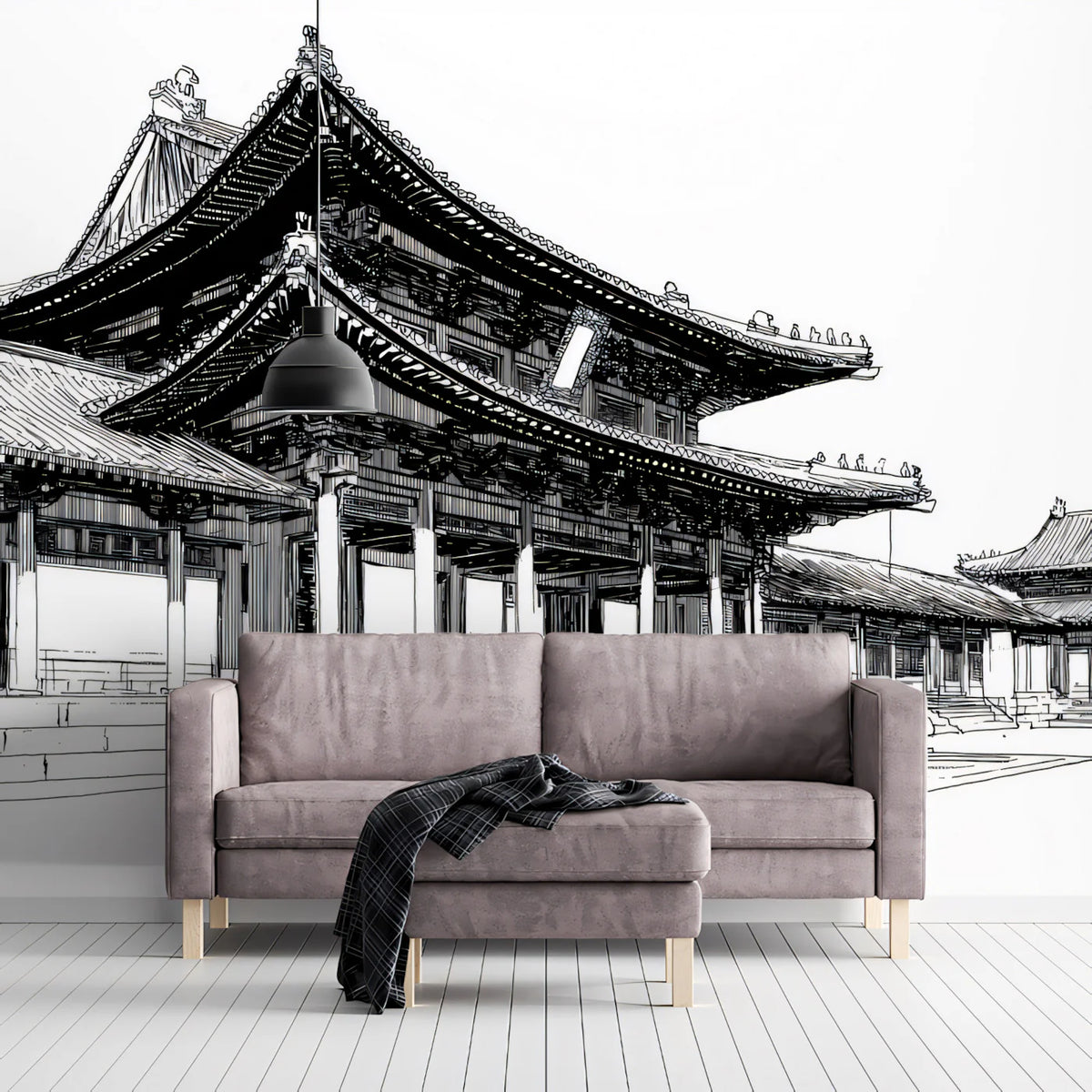 Imperial Palace Architectural Sketch Mural Wallpaper —Monochrome Mural Wallpaper - room preview 02