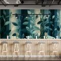 Striped Botanical Mural Wallpaper — Teal and Forest Green Leaves Mural Wallpaper - room preview 02