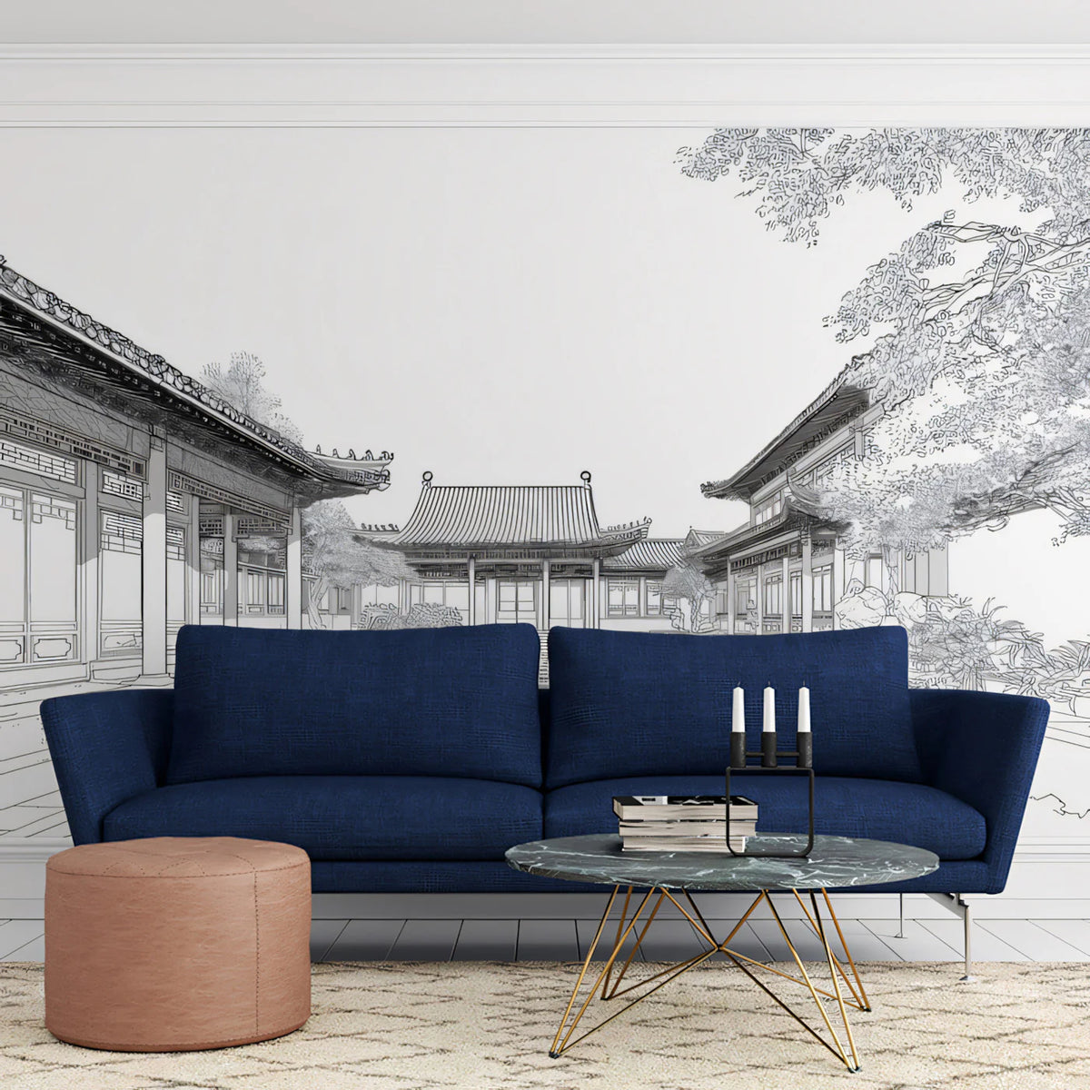 Traditional Courtyard Line Art Mural Wallpaper — Monochrome Sketch Mural Wallpaper - room preview 02