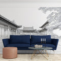 Traditional Courtyard Line Art Mural Wallpaper — Monochrome Sketch Mural Wallpaper - room preview 02