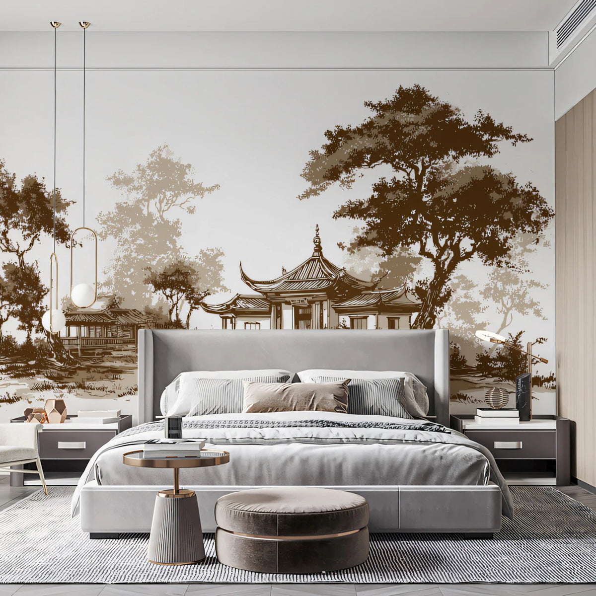 Traditional Pavilion Landscape Mural Wallpaper Vintage Sketch Art Mural Wallpaper - room preview 02