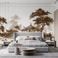 Traditional Pavilion Landscape Mural Wallpaper Vintage Sketch Art Mural Wallpaper - room preview 02