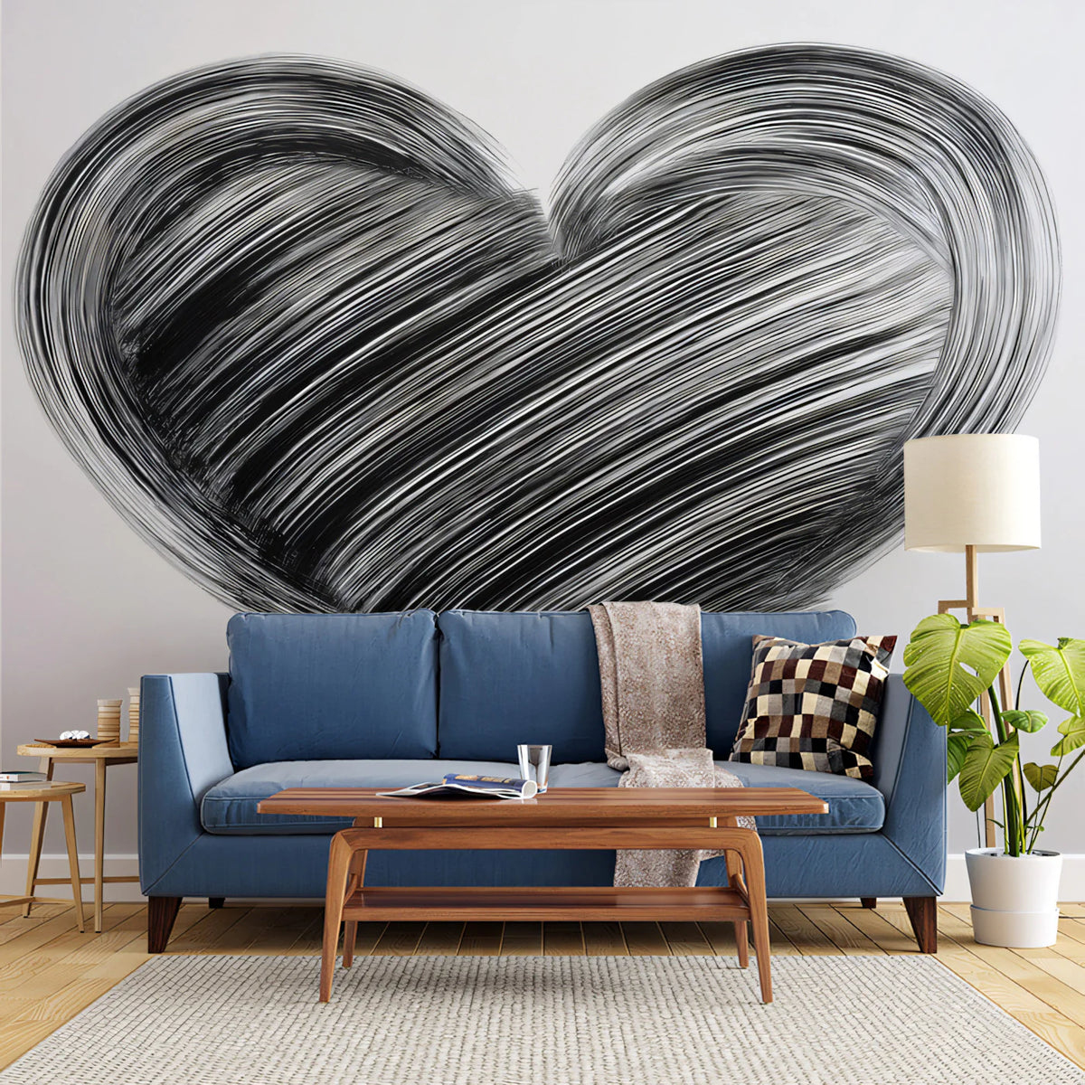 Striated Heart Brushstroke Mural Wallpaper — Modern Ink Art Mural Wallpaper - room preview 02
