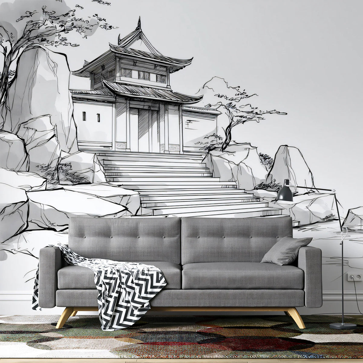 Ink Wash Temple Gate Mural Wallpaper — Architectural Sketch Design Mural Wallpaper - room preview 02