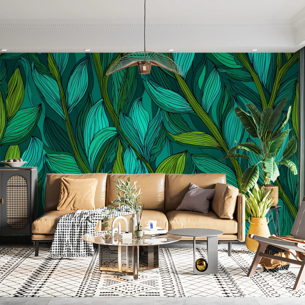 Emerald Foliage Mural Wallpaper — Dense Botanical Line Art Mural Wallpaper - room preview 02