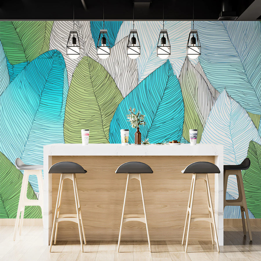 Botanical Wallpaper Mural – Leaf & Plant Wall Mural – Abstract Teal and Lime Leaf — Modern Botanical
