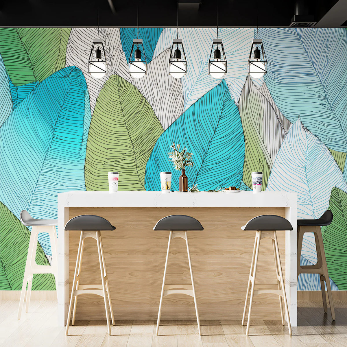 Abstract Teal and Lime Leaf Mural Wallpaper — Modern Botanical Mural Wallpaper - room preview 02