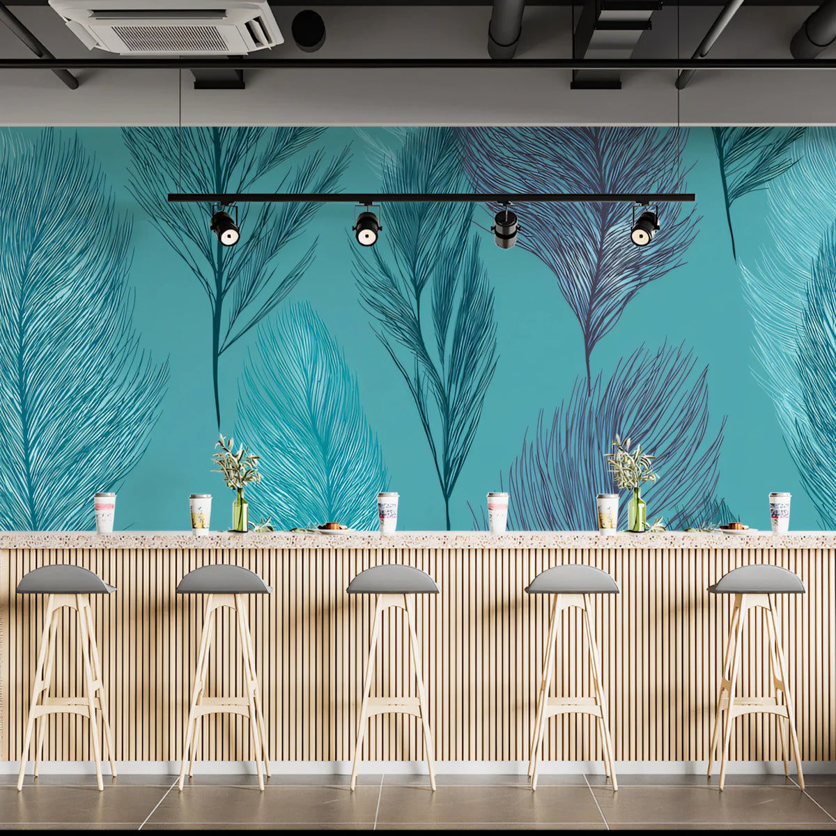 Turquoise Feather Line Art Mural Wallpaper — Ethereal Pattern Mural Wallpaper - room preview 02
