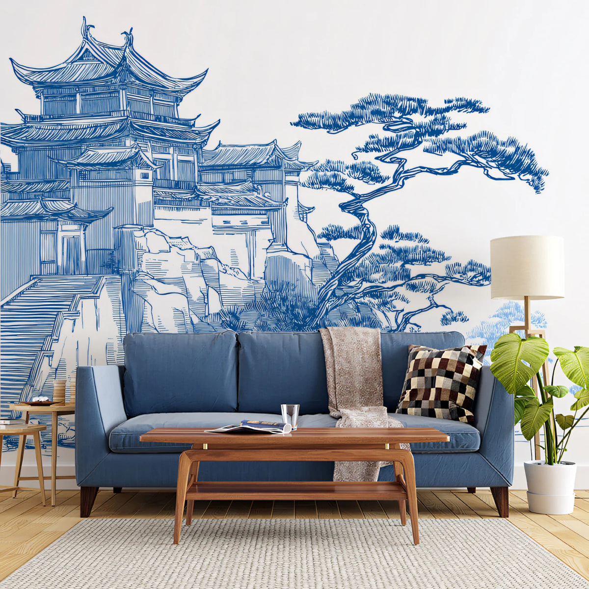 Blue Ink Temple Mural Wallpaper — Traditional Landscape Sketch Mural Wallpaper - room preview 02