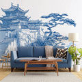 Blue Ink Temple Mural Wallpaper — Traditional Landscape Sketch Mural Wallpaper - room preview 02