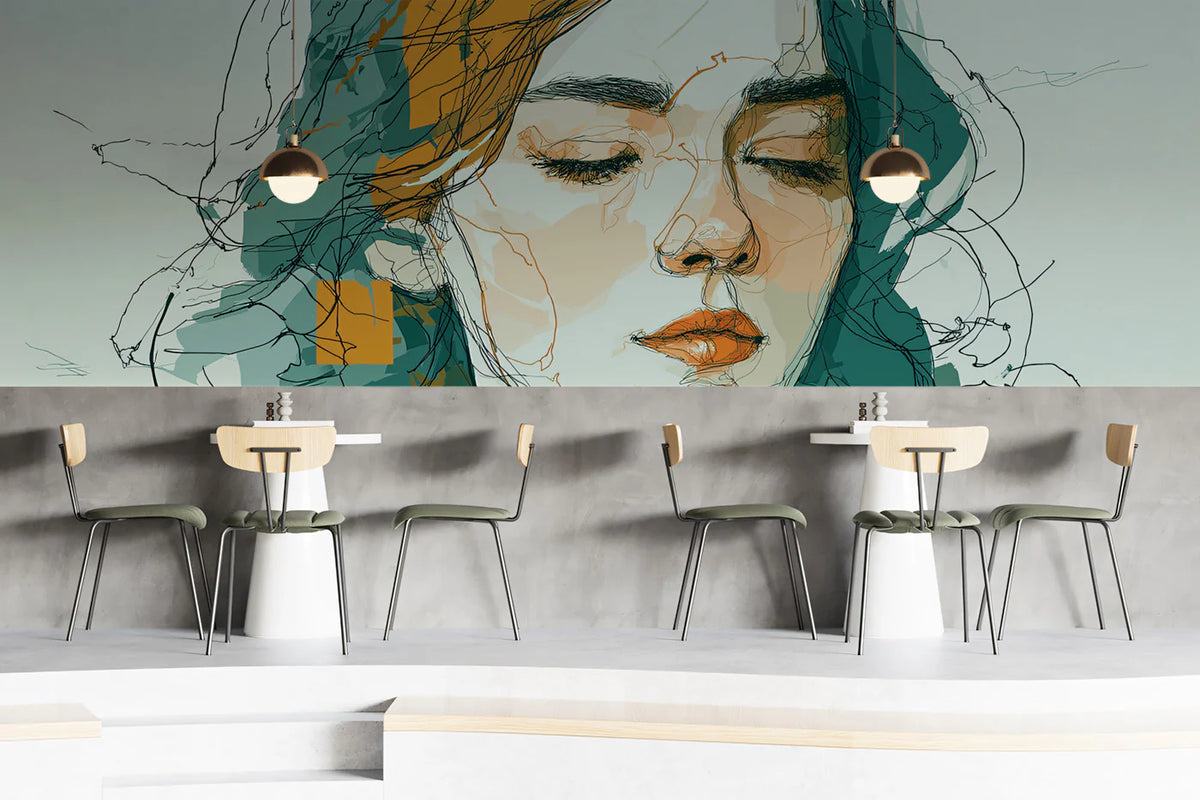 Abstract Scribble Portrait Mural Wallpaper in Teal and Ochre Mural Wallpaper - room preview 02