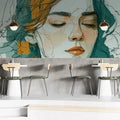Abstract Scribble Portrait Mural Wallpaper in Teal and Ochre Mural Wallpaper - room preview 02