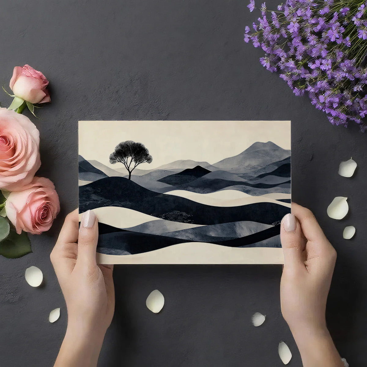 Zen Solitary Tree Landscape Mural Wallpaper — Minimalist Charcoal Mural Wallpaper - room preview 02