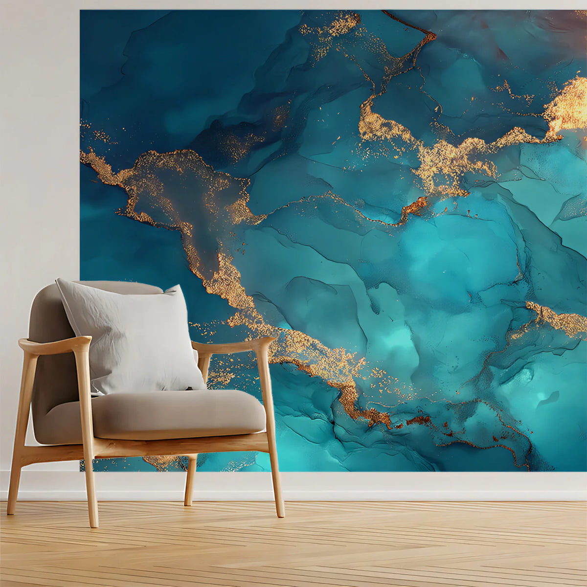 Celestial Turquoise & Gold Fluid Art Mural Wallpaper - room preview 02