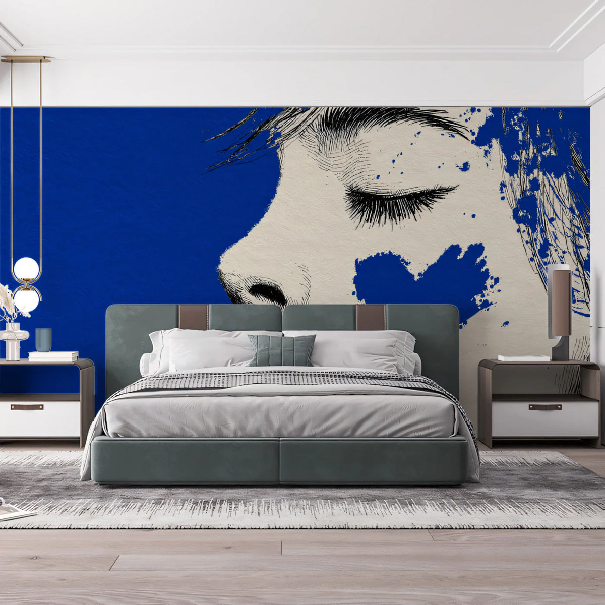 Blue Heart Portrait Mural Wallpaper — Urban Pop Art Sketch Mural Wallpaper - room preview 02