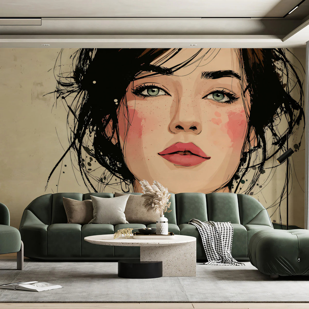 Illustrated Female Portrait Mural Wallpaper — Romantic Sketch Style Mural Wallpaper - room preview 02
