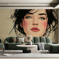 Illustrated Female Portrait Mural Wallpaper — Romantic Sketch Style Mural Wallpaper - room preview 02
