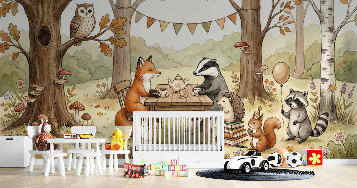 Forest Tea Party Woodland Animal Mural Wallpaper — Whimsical Decor Mural Wallpaper - room preview 02
