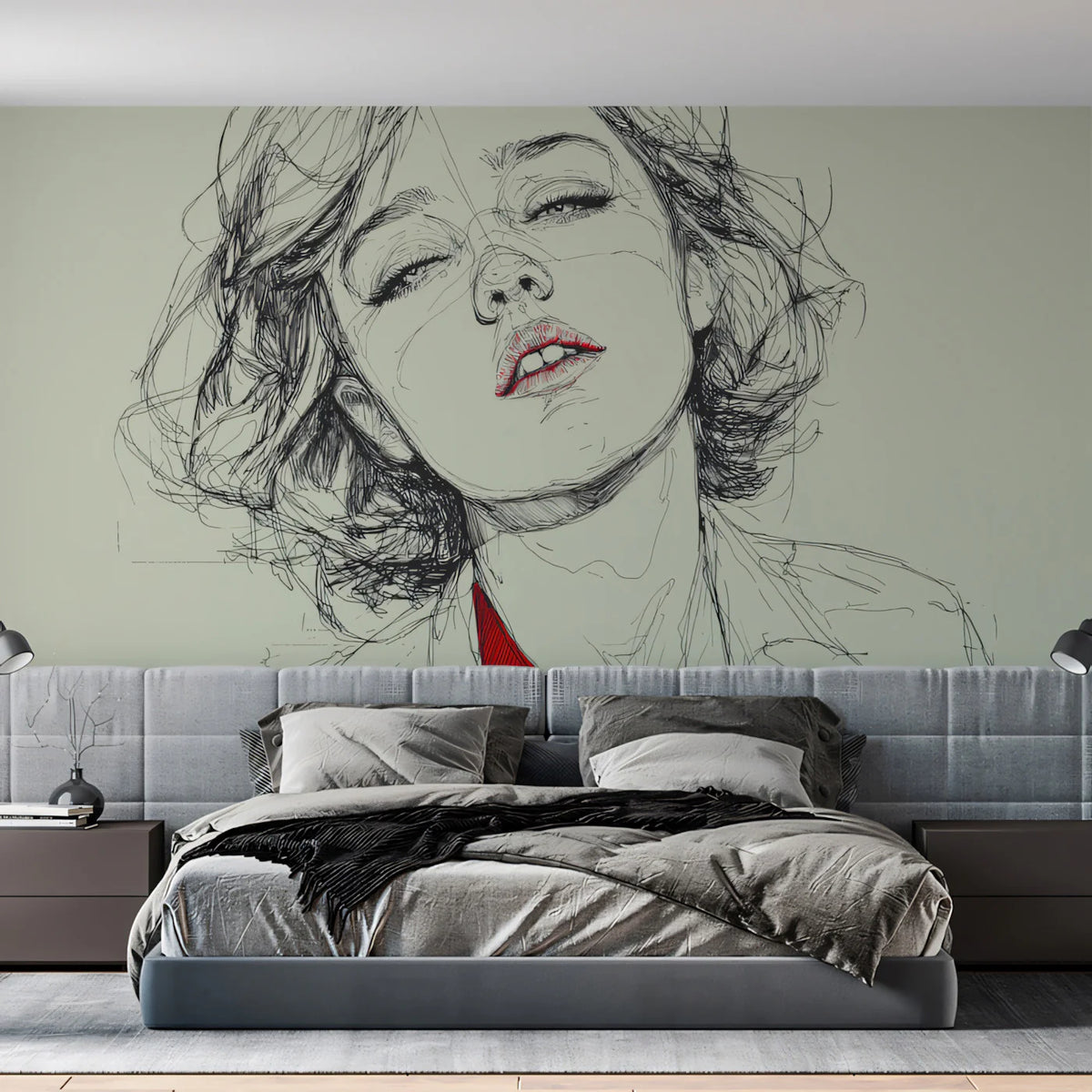 Minimalist Female Portrait Mural Wallpaper with Red Accent Mural Wallpaper - room preview 02