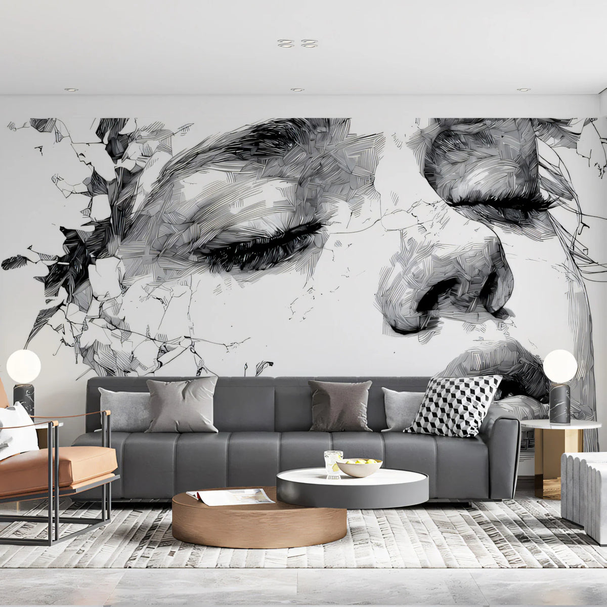 Shattered Contour Portrait Mural Wallpaper — Artistic Line Art Mural Wallpaper - room preview 02