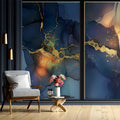 Midnight Gold Triptych Mural Wallpaper — Modern Fluid Art Mural Wallpaper - room preview 02