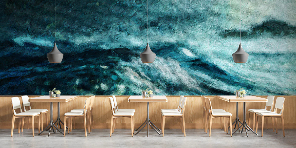 Impressionist Seascape Mural Wallpaper — Deep Teal Ocean Waves Mural Wallpaper - room preview 02