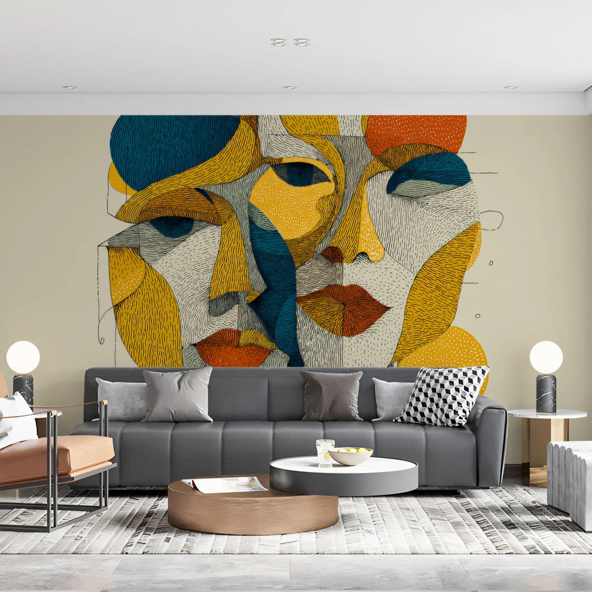 Cubist Abstract Faces Mural Wallpaper — Artistic Geometric Design Mural Wallpaper - room preview 02